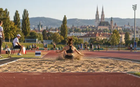 Atletičarka doskače u jamu za skok u dalj na otvorenom borilištu