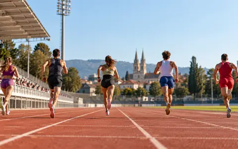 Atletičari na crvenoj stazi atletskog stadiona