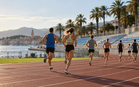 Atletičari na stazi stadiona uz more i palme