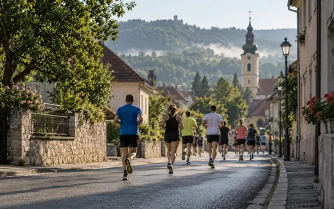 Trkači na cesti kroz kontinentalni gradić s crkvenim tornjem i zelenim brežuljcima