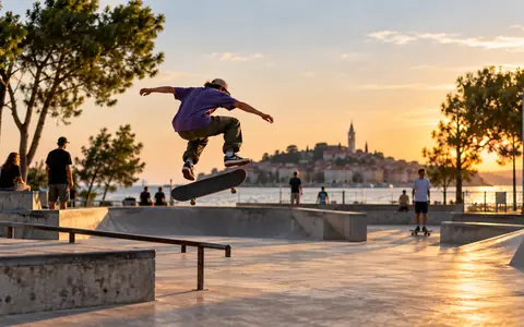 Skejter izvodi trik u betonskom skateparku