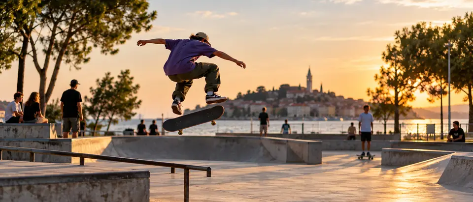 Skejter izvodi trik u betonskom skateparku
