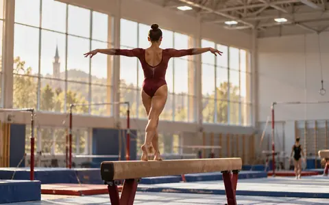 Gimnastičarka na gredi u gimnastičkoj dvorani