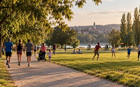 Obitelji i rekreativci bave se sportom u velikom parku