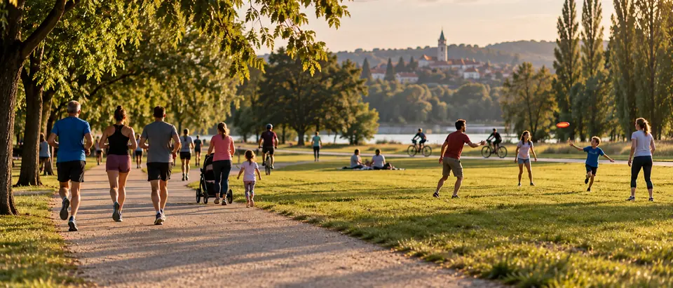 Obitelji i rekreativci bave se sportom u velikom parku