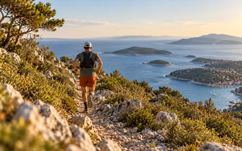 Trail trkač na kamenoj stazi kroz makiju iznad dalmatinske obale