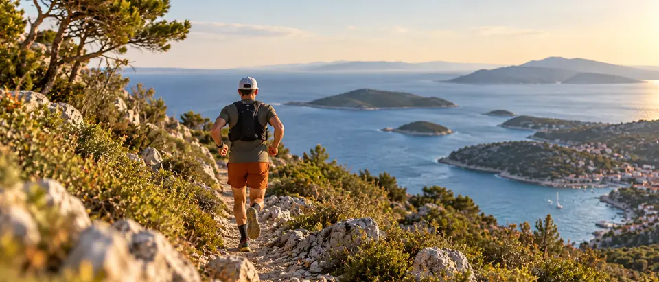 Trail trkač na kamenoj stazi kroz makiju iznad dalmatinske obale