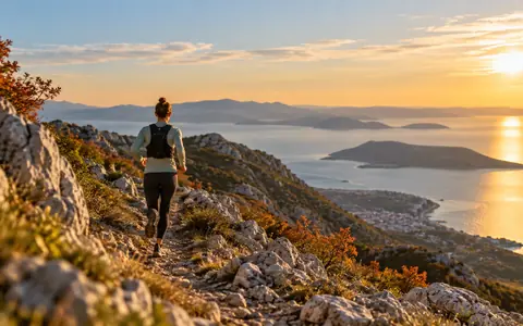 Trail trkač na kamenitom grebenu iznad Kvarnera s otocima u daljini