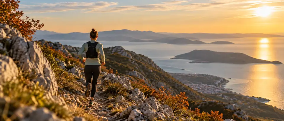 Trail trkač na kamenitom grebenu iznad Kvarnera s otocima u daljini
