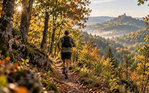 Trail trkač na šumskoj stazi u jesenskim brežuljcima