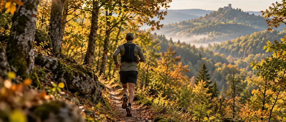 Trail trkač na šumskoj stazi u jesenskim brežuljcima