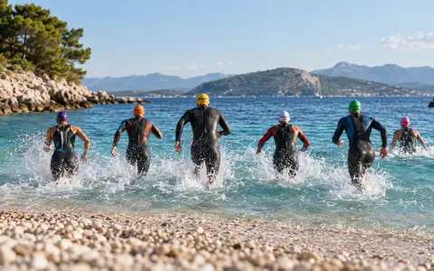 Triatlonci utrčavaju u more sa šljunčane plaže na startu plivanja