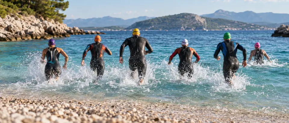 Triatlonci utrčavaju u more sa šljunčane plaže na startu plivanja