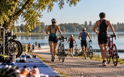 Triatlonci s biciklima izlaze iz zone izmjene uz jezero