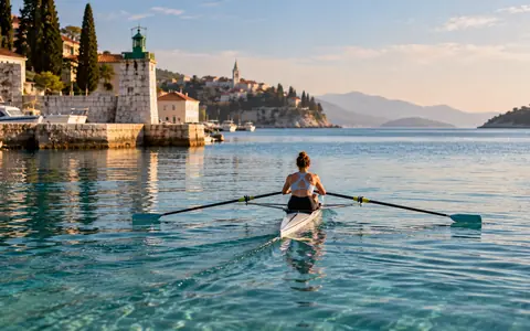 Veslač u skifu na mirnom moru pokraj kamene lučice