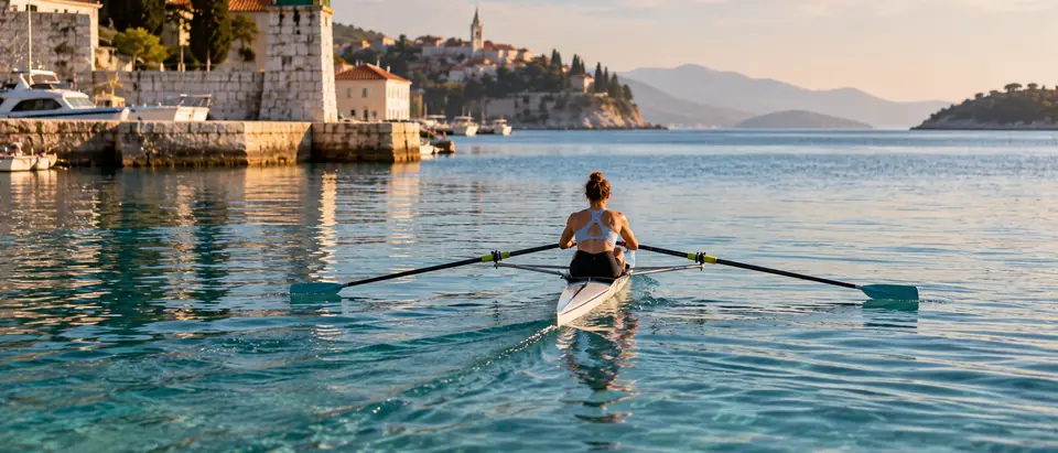 Veslač u skifu na mirnom moru pokraj kamene lučice
