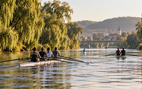 Veslački čamci na širokoj rijeci obrubljenoj vrbama