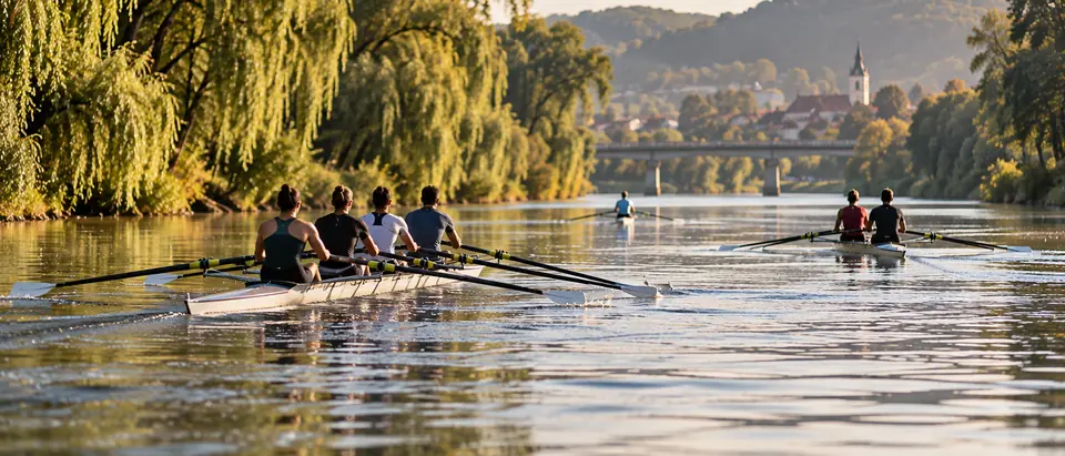 Veslački čamci na širokoj rijeci obrubljenoj vrbama
